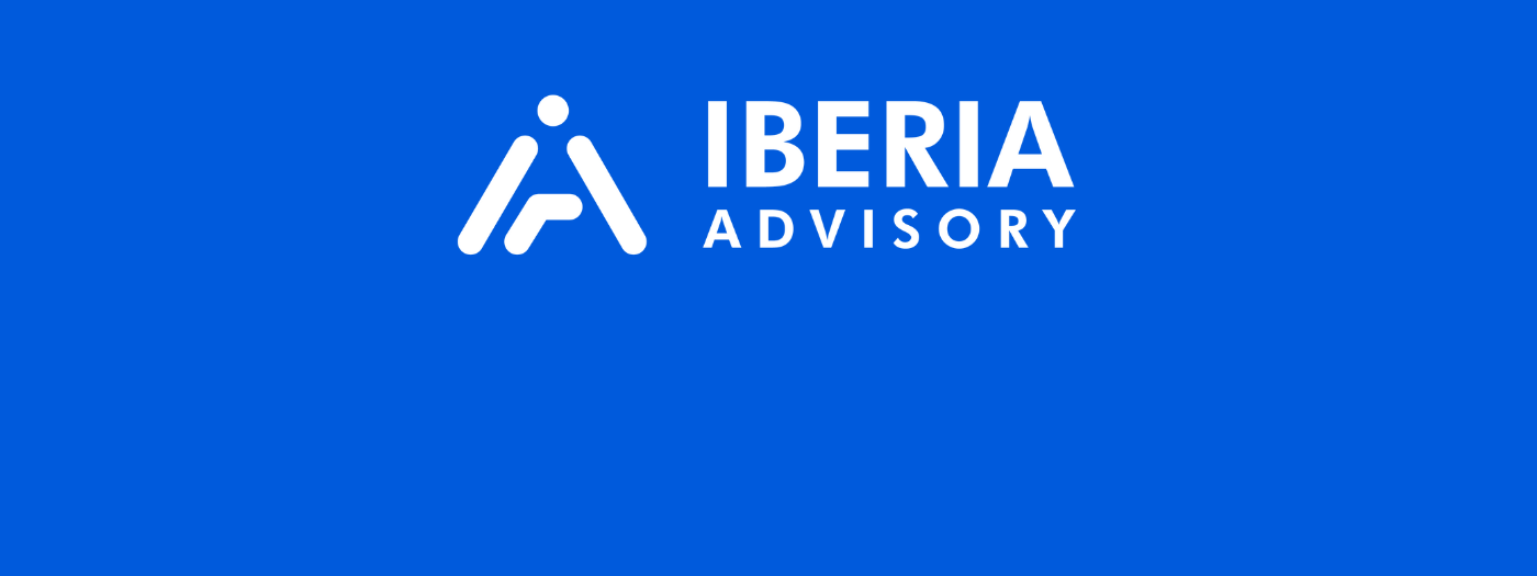 Iberia Advisory Government Consulting Header on the Iberia blue background with white lettering. Dedication. Determination. Delivery.